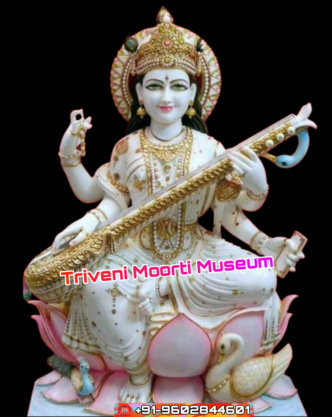 1 Feet Marble Saraswati Maa Statue Sitting on Lotus